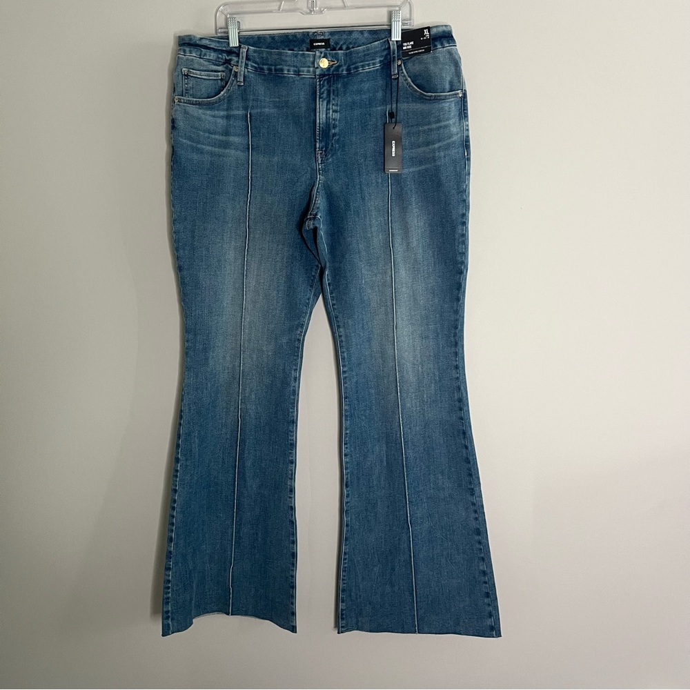 NEW Express 70s Flare Mid Rise Flexx Hyper Stretch Blue Jeans Women's Size XL - Picture 3 of 9